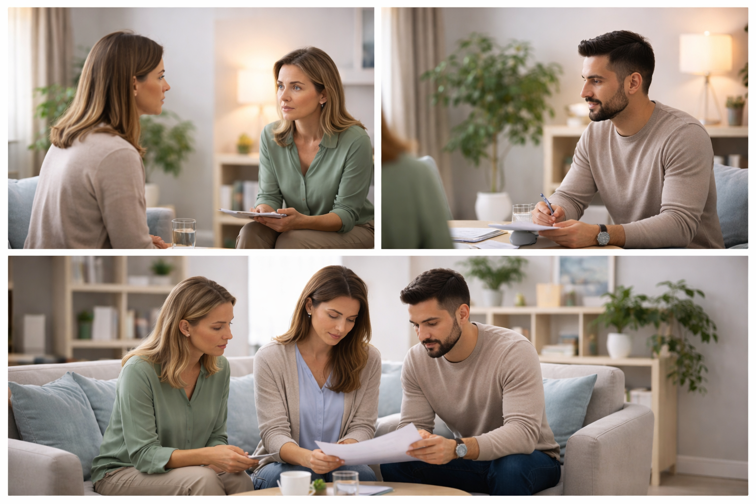 Two people sitting across from each other with a mediator in between, discussing family arrangements